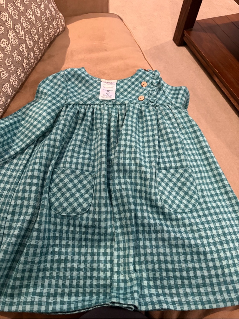 Girls Turquoise Gingham Pocket Dress with Shoulder Buttons